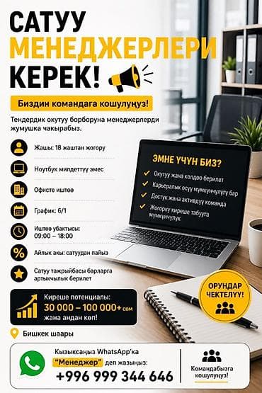 Жумуш: Талап кылынат Сатуу боюнча менеджер, Иш тартиби: Алты күндүк, Толук жумуш күнү, Сатуудан % — 1