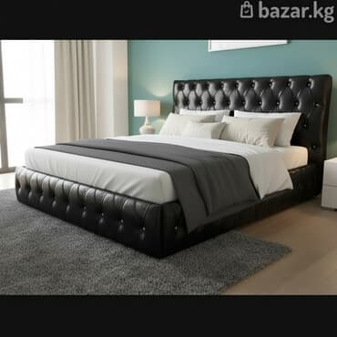 кожаная кровать: Кровать с мягким изголовьем, в стиле каретной стяжки с матрасом. - — 2