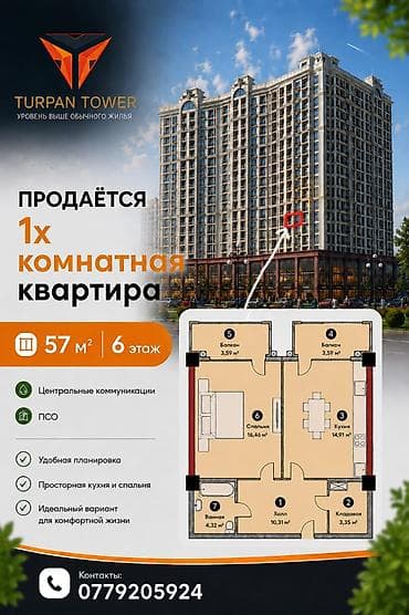 1 комната, 57 м², Элитка, 6 этаж, Готовая ПСО (под самоотделку)