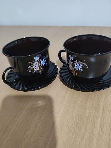 Посуда: Набор из 2 чайных чашек с блюдцами, черное стекло. - Цвет: глубокий — 3