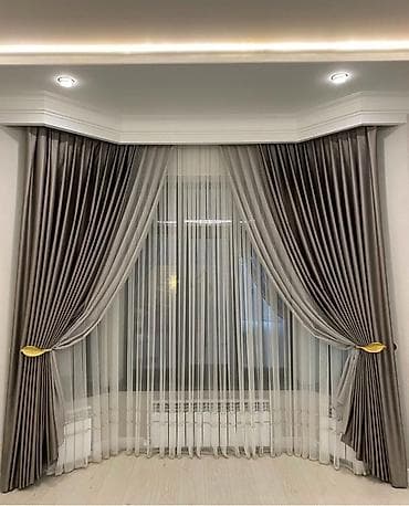 Комплект штор, Атлас, С тюлем в комплекте, Готовое изделие, Для спальни