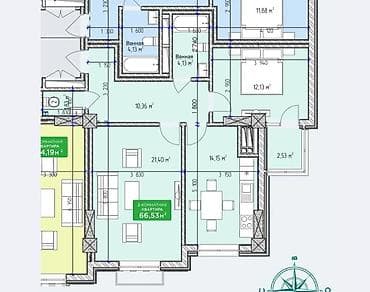 2 room: 2 комнаты, 66 м², 13 этаж, Готовая ПСО (под самоотделку) — 2