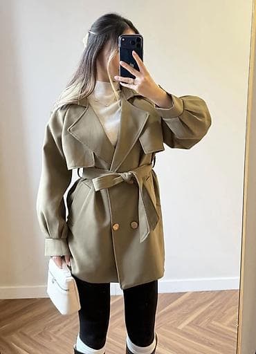 тренч: Женский тренч-плащ цвета хаки - Классический укороченный силуэт до — 1