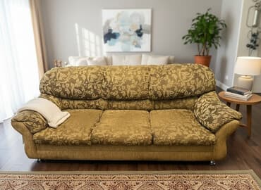 отдам даром диваны: Просторный трехместный диван и два кресла с обивкой из ткани цвета — 1