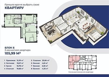 очень дешего: 3 комнаты, 106 м², Элитка, 3 этаж, Готовая ПСО (под самоотделку) — 2