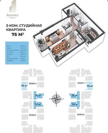 Недвижимость: 3 комнаты, 75 м², Элитка, БГУ Элитка, 7 этаж, ПСО (под самоотделку) — 2