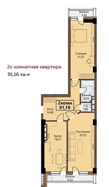 2 комнаты, 91 м², Южная Магистраль Элитка, 13 этаж, ПСО (под самоотделку) — 1