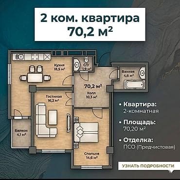 Квартиры: 2 комнаты, 70 м², Элитка, 10 этаж, ПСО (под самоотделку) — 2