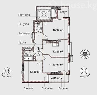 2 уровне: 3 комнаты, 76 м² — 2