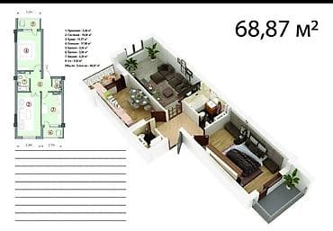 2 комнаты, 69 м², Ошский рынок / базар Элитка, 4 этаж, ПСО (под самоотделку)