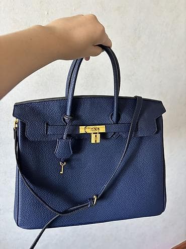 Сумки: Сумка-Birkin люкс качества, темно‑синего цвета, с золотистой — 4