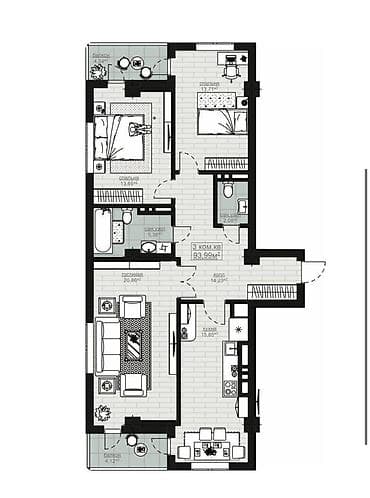 prime park: 3 комнаты, 94 м², Элитка, 12 этаж, Готовая ПСО (под самоотделку) — 2