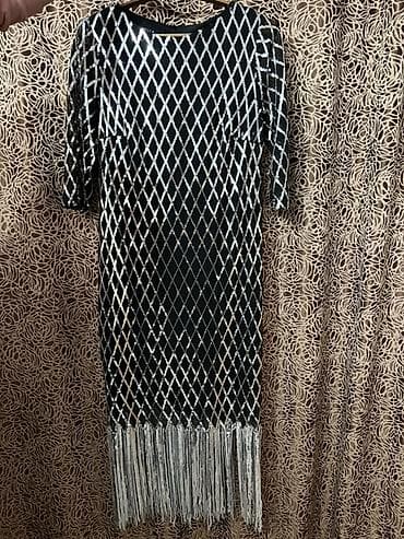 бархатное вечернее платье: Платье вечернее с пайетками и бахромой - Цвет: черный с серебристым — 2