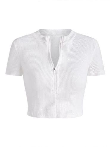 Белый укороченный топ с молнией - Материал: эластичный рубчик