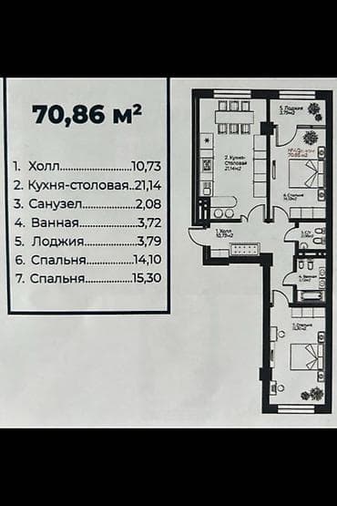 2 комнаты, 71 м², Элитка, 9 этаж, Готовая ПСО (под самоотделку)