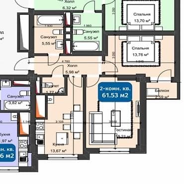 2 комнаты, 61 м², Кок-Жар мкр Элитка, 2 этаж, ПСО (под самоотделку) — 3