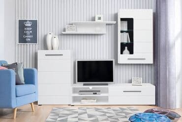 Гарнитур для зала, Новый, Шкаф, Тумба под ТВ, В рассрочку, МДФ, Бесплатная доставка, цвет - Белый