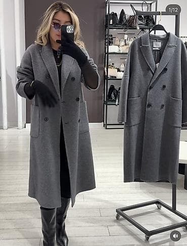 женские плащ: Женское пальто удлинённое, двубортное, серого цвета. - Крой: прямой — 2