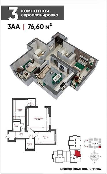 mega hous: 2 комнаты, 76 м², Элитка, 13 этаж, Готовая ПСО (под самоотделку) — 2