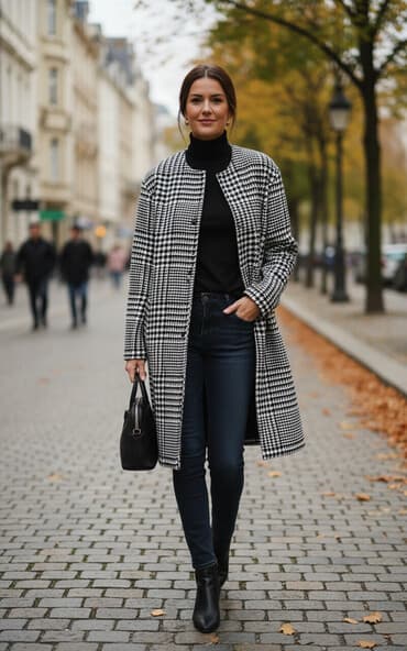 Пальто, Классика, Осень-весна, Драп, По колено, В клетку, S