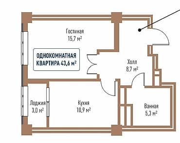 1 комната, 43 м², Элитка, 8 этаж