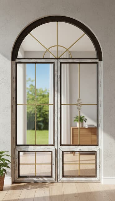 маленький дом шале под ключ: Арочное окно ПВХ с двойным стеклопакетом и декоративной решеткой — 1