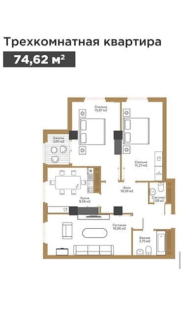3: 3 комнаты, 74 м², Военторг Элитка, 16 этаж, ПСО (под самоотделку) — 4