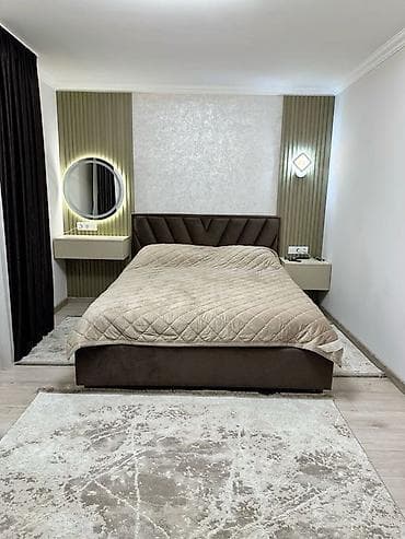 мебель купить: Двуспальная кровать с мягким изголовьем и комплектом прикроватных — 1