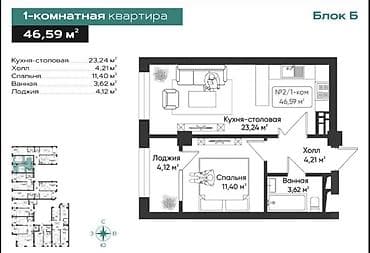 6: 1 комната, 46 м², Тунгуч мкр Элитка, 6 этаж, ПСО (под самоотделку) — 3