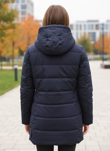 бут кийим кышкы: Женская зимняя куртка-пуховик средней длины (парка), цвет темно‑синий — 1
