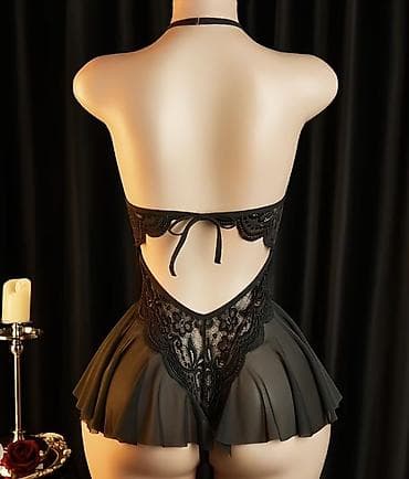 Пляж үчүн кийимдер: Черное кружевное боди-платье - Тип: эротическое боди с юбочкой-годе - — 2