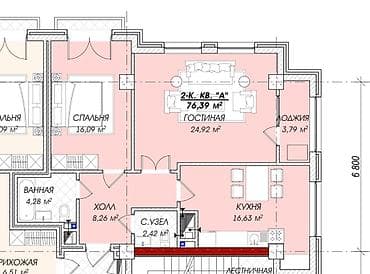 купить квартиру от застройщика: 2 комнаты, 77 м², Элитка, 7 этаж, Готовая ПСО (под самоотделку) — 2