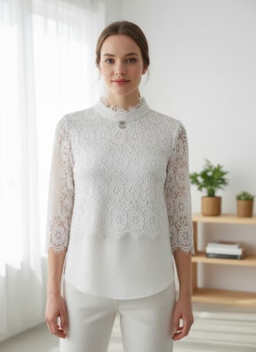 туфли кожаные женск: Белая женская блузка из кружева с высоким воротником-стойкой. Модель — 1