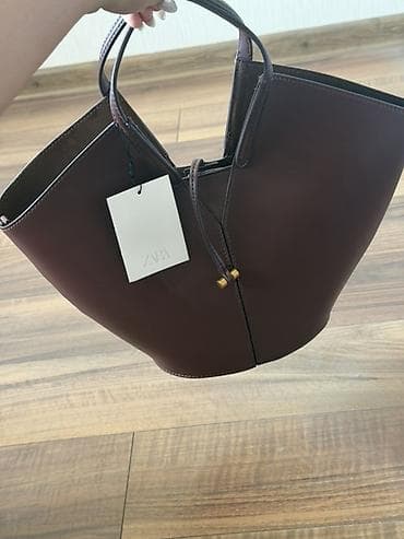 Личные вещи: Сумка ZARA, модель-тоут в форме ведра. Цвет: бордово‑коричневый — 3