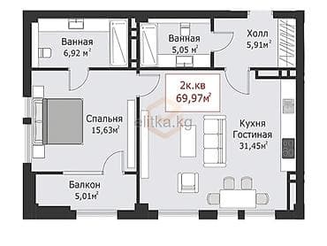 семетей жаны конушу: 2 бөлмө, 70 м², Элитка, Даяр ПСО (өзү оңдоп түзөтүп бүтүү үчүн) — 2