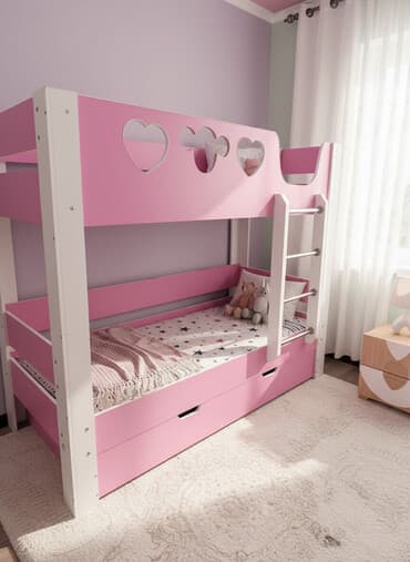 двухъярусная кровать трансформер: Двухъярусная детская кровать, МДФ, цвет - Розовый — 1
