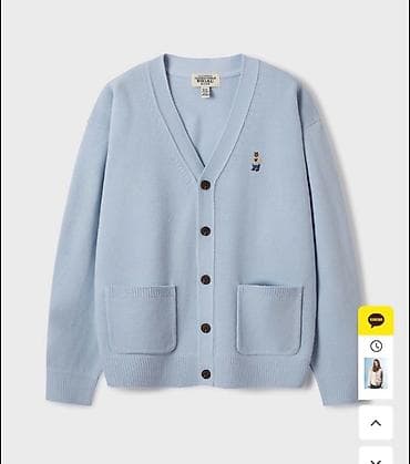 корея одежда: Голубой кардиган на пуговицах - Классический V-образный вырез - — 1