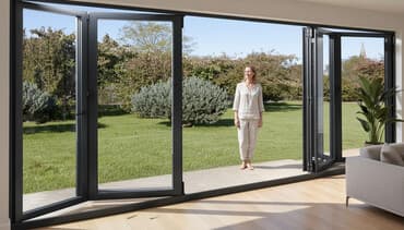 айнек эшик: Раздвижная стеклянная дверь в темной раме, состоящая из нескольких — 1