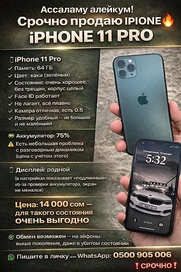 IPhone 11 Pro, Б/у, 64 ГБ, Зеленый, Чехол, 75 %