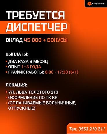 Диспетчер Оклад 45 000 + бонусы Выплаты: два раза в месяц Опыт 1–3