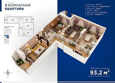 12 микрорайон: 3 комнаты, 93 м², Элитка, 12 этаж, Косметический ремонт — 2
