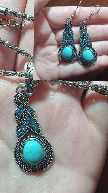 сережки национальные: ✨ Нежный комплект украшений с голубым камнем ✨ Серьги и кулон в — 1
