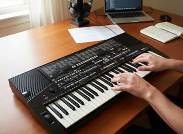 микрофон для записи голоса: Синтезаторы Yamaha PSR-510 (две клавиатуры на фото). - 5-октавная — 1