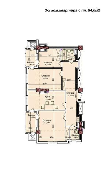 batir service: 3 комнаты, 94 м², Элитка, 11 этаж, Готовая ПСО (под самоотделку) — 2