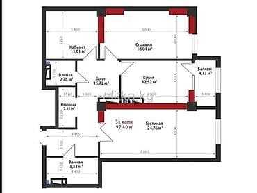 3 комнаты, 96 м², Элитка, 3 этаж, ПСО (под самоотделку)