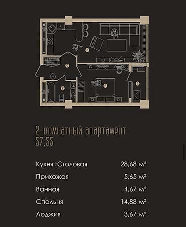 комната с поселением: 2 комнаты, 58 м², Элитка, Готовая ПСО (под самоотделку) — 2