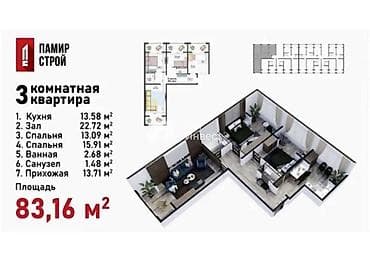 Продажа квартир: 3 комнаты, 83 м², Готовая ПСО (под самоотделку) — 1