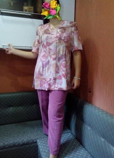Киреге берилүүчү кийимдер: Костюм двойка, блузка цветная, розовая, шелковая с розовыми брюками — 1
