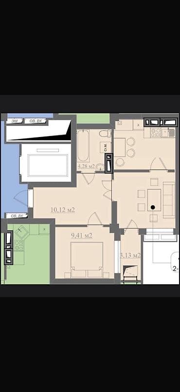 ош квартира дом: 2 комнаты, 49 м², Элитка, 10 этаж, Готовая ПСО (под самоотделку) — 2