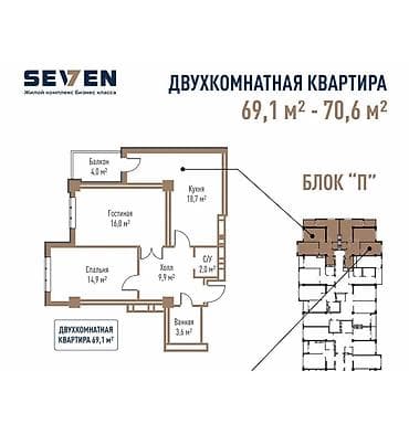 seven: 2 комнаты, 70 м², Элитка, Готовая ПСО (под самоотделку) — 2
